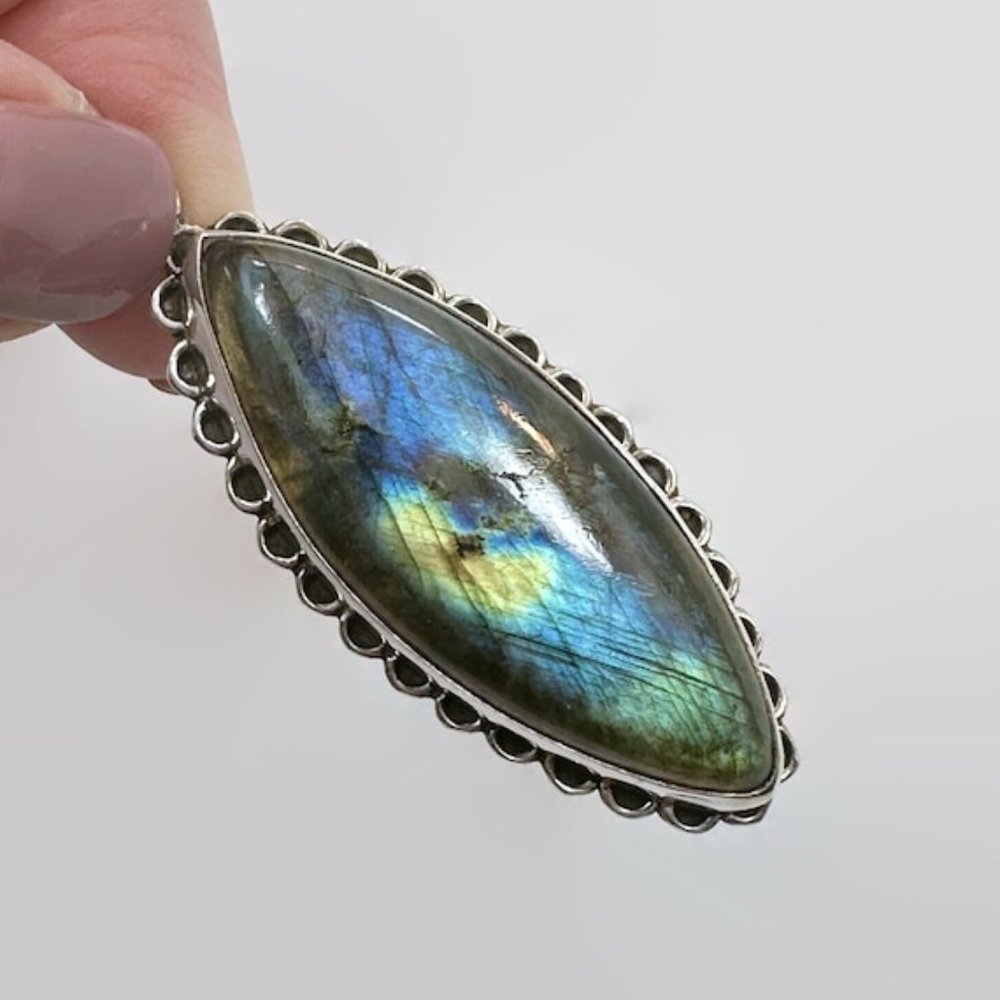 Labradorite Pendant, Sterling Silver, Blue, 2 1/2" Long, Large Stone, Vintage